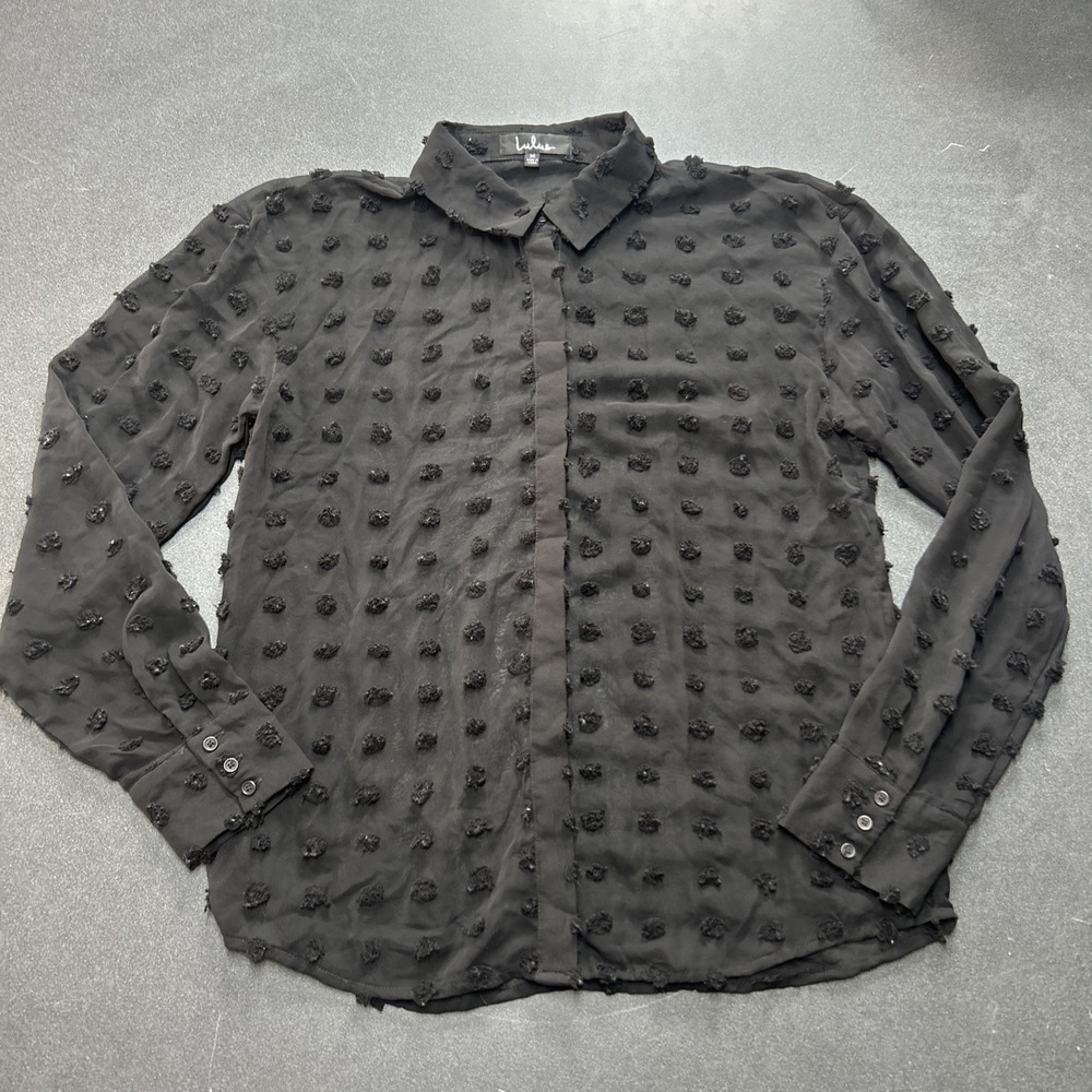 Lulus Secret Spot Black Dotted Sheer Long Sleeve‎ Button-Up Top Womens Size M